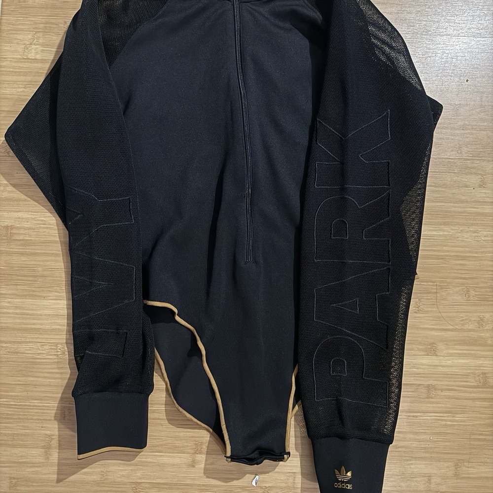 Adidas X Ivy Park Women's Size 1X Black Mesh Poof Sleeve Bodysuit Gold Beyoncé - Picture 2 of 6